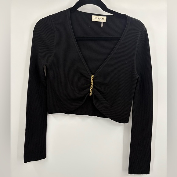 NICHOLAS black rib knit v neck gold chain detail cropped long sleeve top Medium - Picture 2 of 14